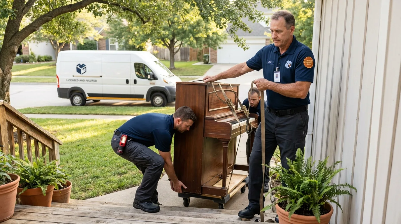 Licensed piano movers securing grand piano in East Meadow, NY