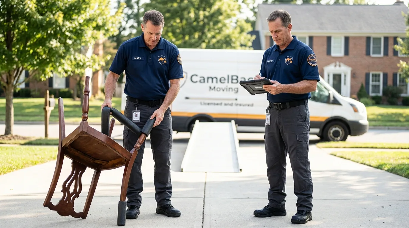 Movers inspecting furniture for damage prevention before loading in East Meadow, NY