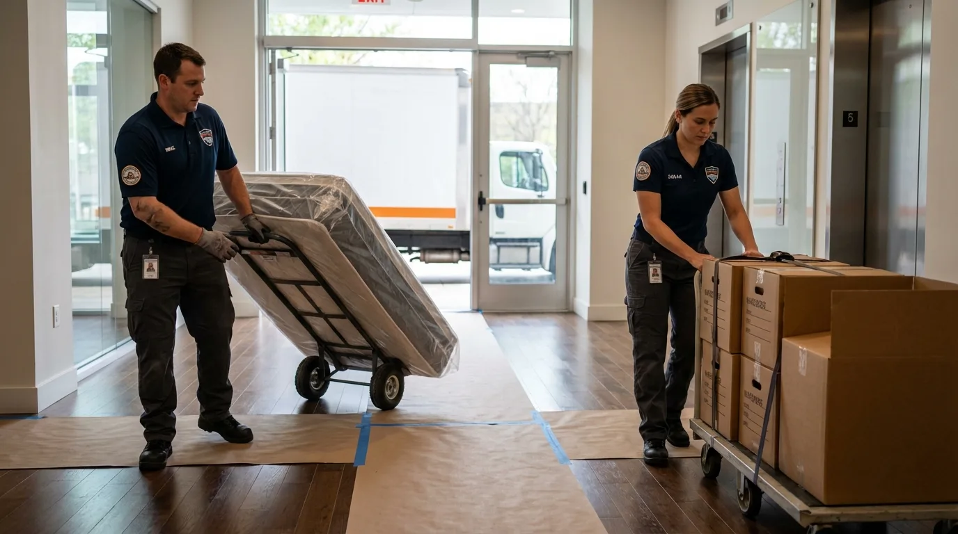 Professional apartment movers loading elevator in East Meadow, NY