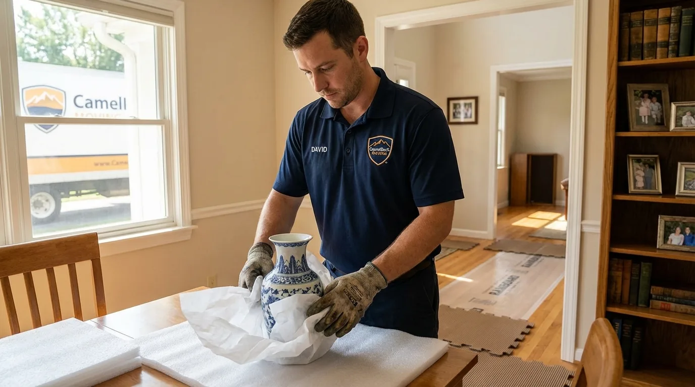 Professional crew carefully wrapping antique vase for senior downsizing move in East Meadow, NY