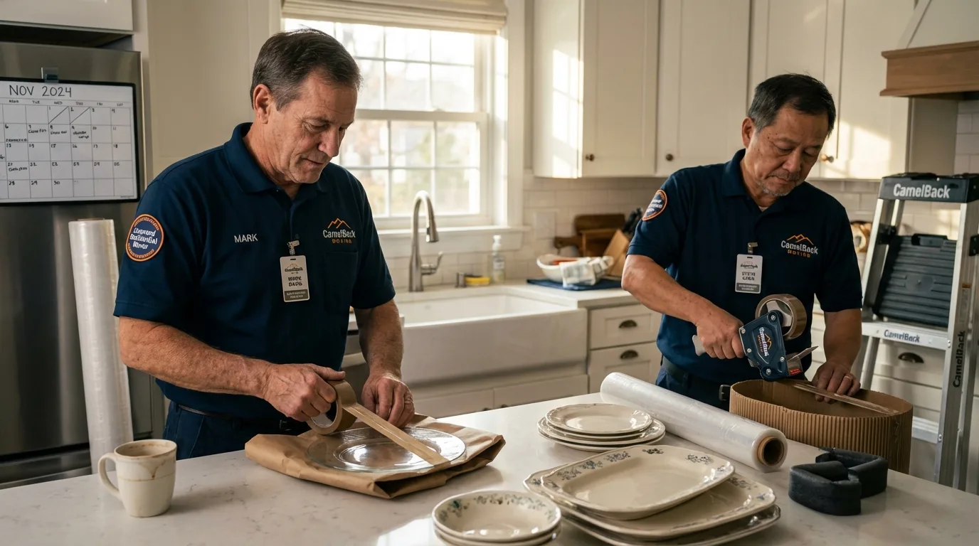Professional crew packing kitchen dishware in East Meadow, NY