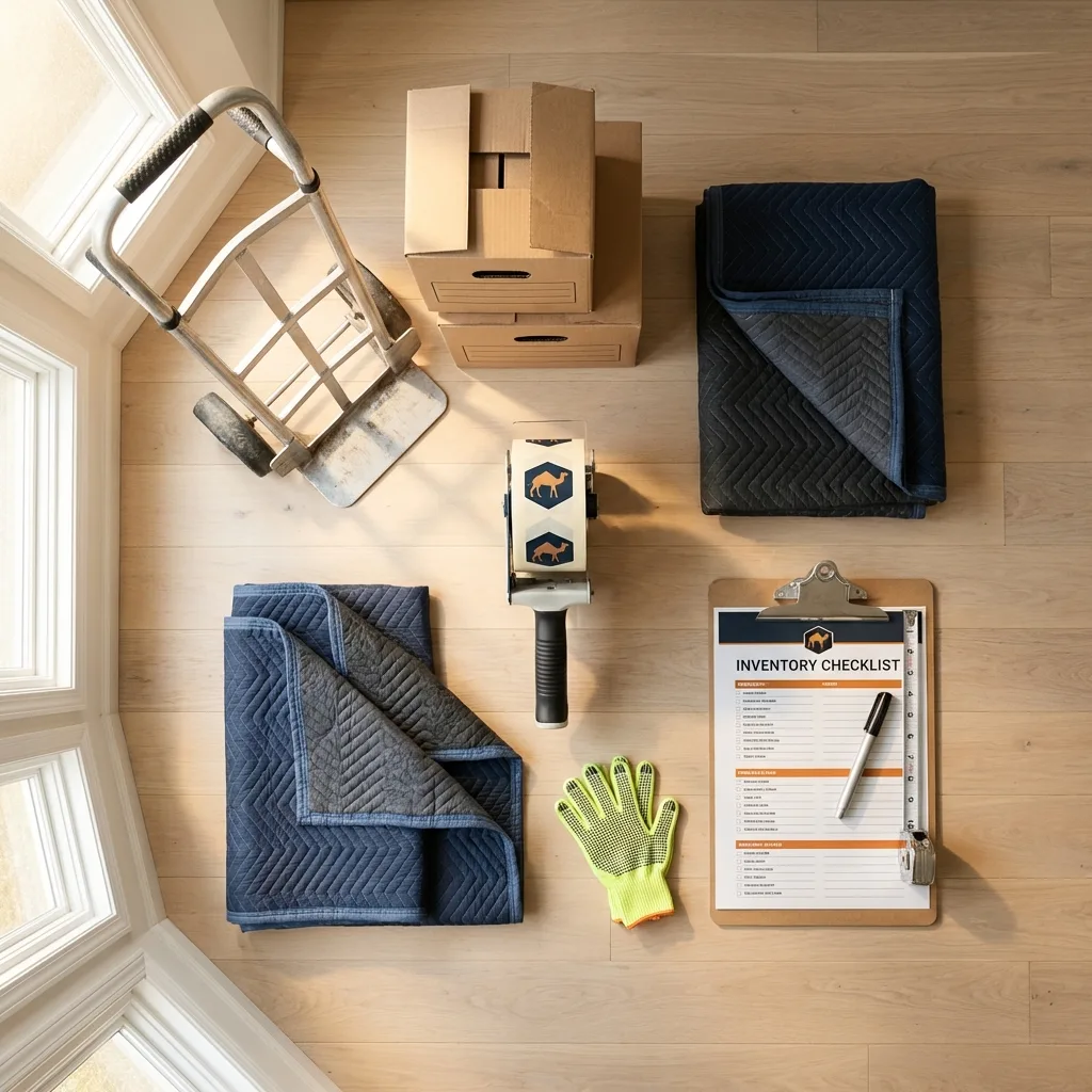 Professional moving supplies and packing materials layout for East Meadow residential relocations